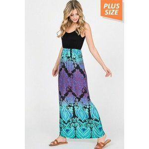 Plus Size Black Purple Turquoise Damask Print Boho